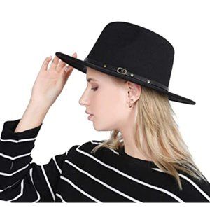 Retro Wide Brim Fedora Panama Hat Belt Buckle Wool